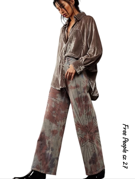 Free People Denim - We The Free Mid-Rise Loose Straight Jeans Washed tie-dye Embellished NWT sz 27